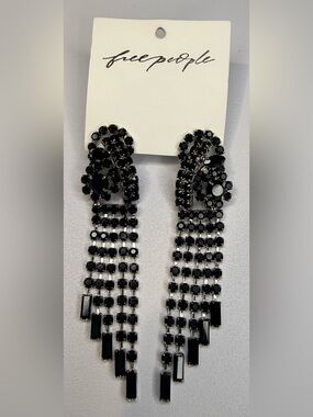 Free People Black Crystal Fringe Statement Earrings NWT Glam Rhinestone Drop